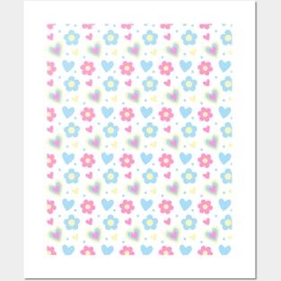 Retro Flowers and Hearts Pattern in Pink, Yellow, Light Blue Posters and Art